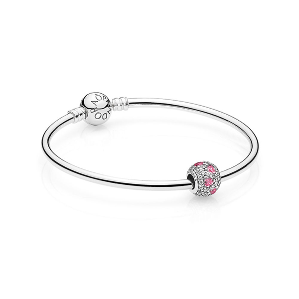 Pink Pavé Heart Silver Bangle Bracelet